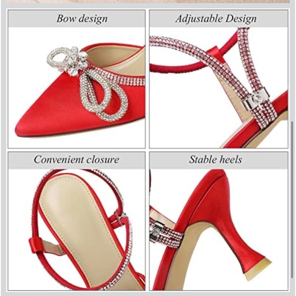 Susanny Red Stiletto Heel Sandals Women's Sz 7.5 Pointed Toe Bow Rhinestone - Picture 14 of 16